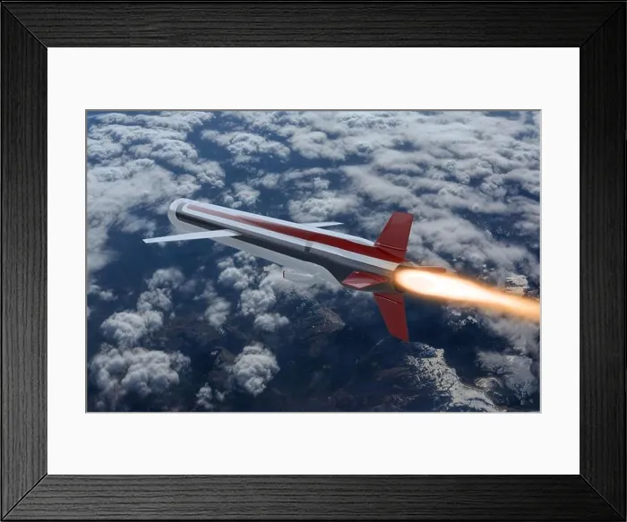 Framed Print : A cruise missile is moving at high speed in the atmosphere Framed Print : A cruise missile is moving at high speed in the atmosphere