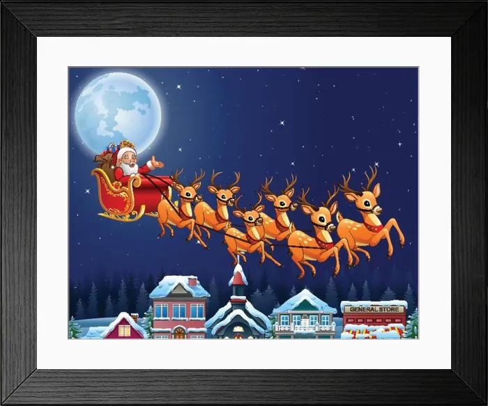 Framed Print : Santa Claus riding his reindeer sleigh flying over town