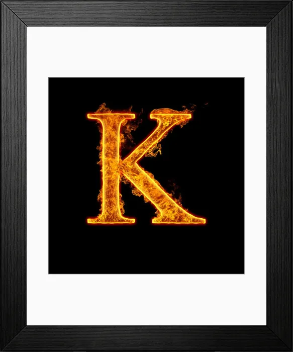 Framed Print : Fire alphabet letter K isolated on black background