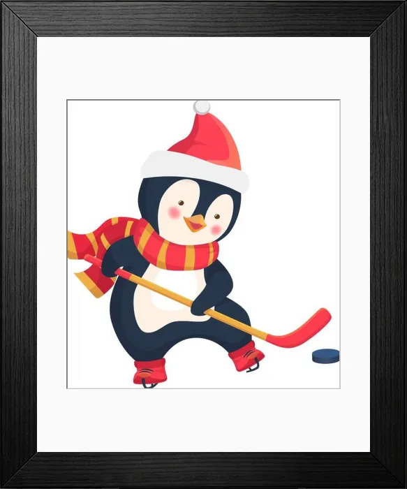 Framed Print : Childrens sports concept. Christmas penguin play ice hockey in the winter. Kids hockey. Vector illustration