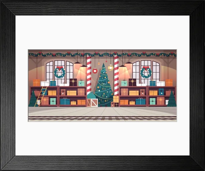 Framed Print : no people santa claus factory with gifts and decorated christmas tree new year winter holidays celebration concept Framed Print : no people santa claus factory with gifts and decorated christmas tree new year winter holidays celebration concept