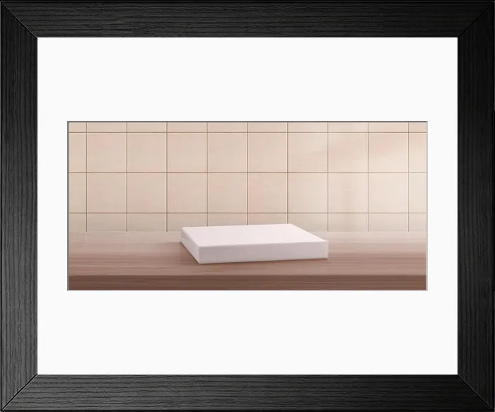 Framed Print : Realistic tiled wall, white soap box on wooden shelf Framed Print : Realistic tiled wall, white soap box on wooden shelf