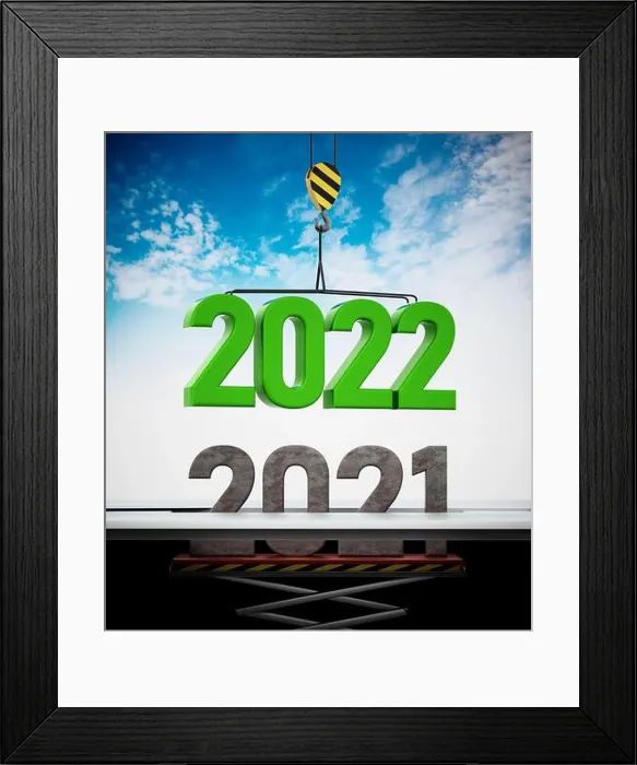 Framed Print : 2022 number carried by crane replaces 2021. 3D illustration Framed Print : 2022 number carried by crane replaces 2021. 3D illustration