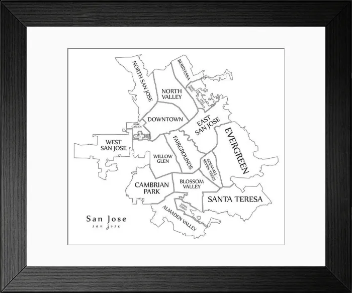 Framed Print : Modern City Map - San Jose city of the USA with neighborhoods and titles outline map Framed Print : Modern City Map - San Jose city of the USA with neighborhoods and titles outline map