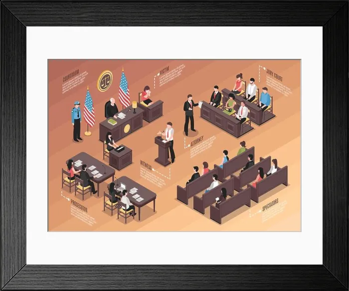 Framed Print : Judiciary isometric Infographics layout with policeman jury court victim attorney witness prosecutor spectators Framed Print : Judiciary isometric Infographics layout with policeman jury court victim attorney witness prosecutor spectators