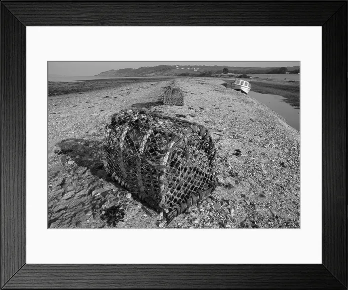 Framed Print : Lobster Pots, Black and White Landscape, Thorness Bay Beach, Gurnard, Cowes, Isle of Wight, England, UK, GB Framed Print : Lobster Pots, Black and White Landscape, Thorness Bay Beach, Gurnard, Cowes, Isle of Wight, England, UK, GB