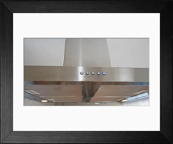Framed Print : Interior design decor showing modern cooker hood extractor fan appliance in luxury apartment showroom Framed Print : Interior design decor showing modern cooker hood extractor fan appliance in luxury apartment showroom