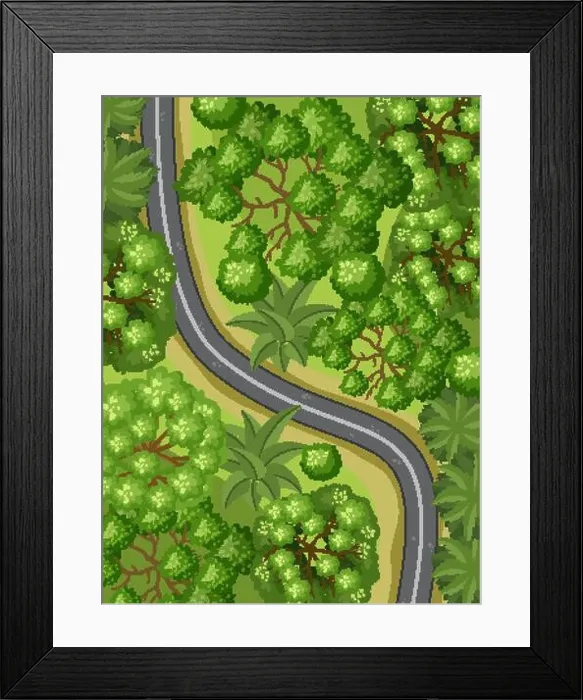 Framed Print : Aerial view with road through the forest landscape illustration Framed Print : Aerial view with road through the forest landscape illustration