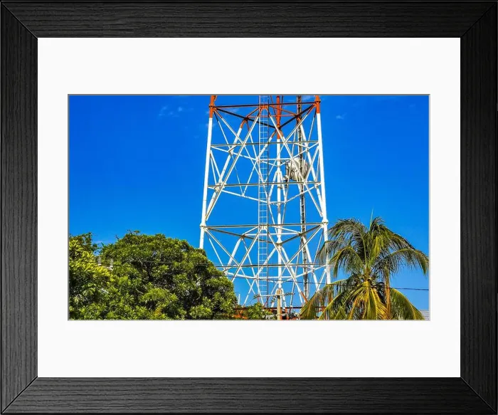 Framed Print : Red white 5G tower radiation in Puerto Escondido Mexico Framed Print : Red white 5G tower radiation in Puerto Escondido Mexico