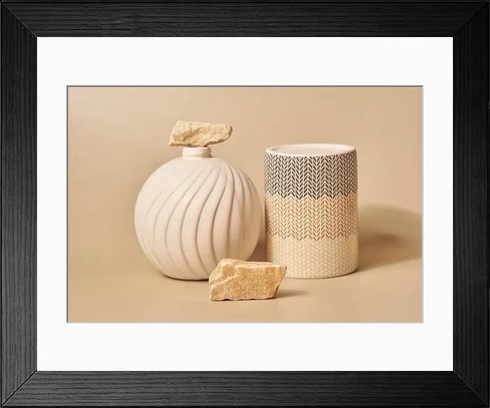 Framed Print : The podium is a product presentation platform consisting of a porcelain object and natural stones Framed Print : The podium is a product presentation platform consisting of a porcelain object and natural stones