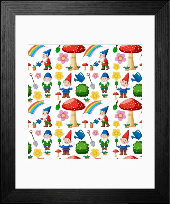 Framed Print : Seamless gnome and garden icon with rainbow in cartoon style Framed Print : Seamless gnome and garden icon with rainbow in cartoon style