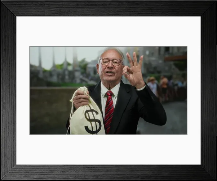 Framed Print : Senior man in suit showing ok gesture holding money bag in ancient roman ruins Framed Print : Senior man in suit showing ok gesture holding money bag in ancient roman ruins