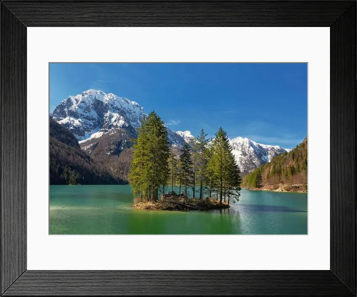 Framed Print : Lake Raibl with small tree island, snow-capped mountains at the back, Julian Alps, Upper Ukraine, Slovenia Framed Print : Lake Raibl with small tree island, snow-capped mountains at the back, Julian Alps, Upper Ukraine, Slovenia