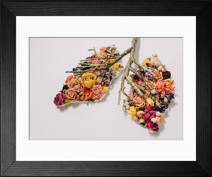Framed Print : floral composition with dried flowers and twigs in shape of lungs on grey Framed Print : floral composition with dried flowers and twigs in shape of lungs on grey