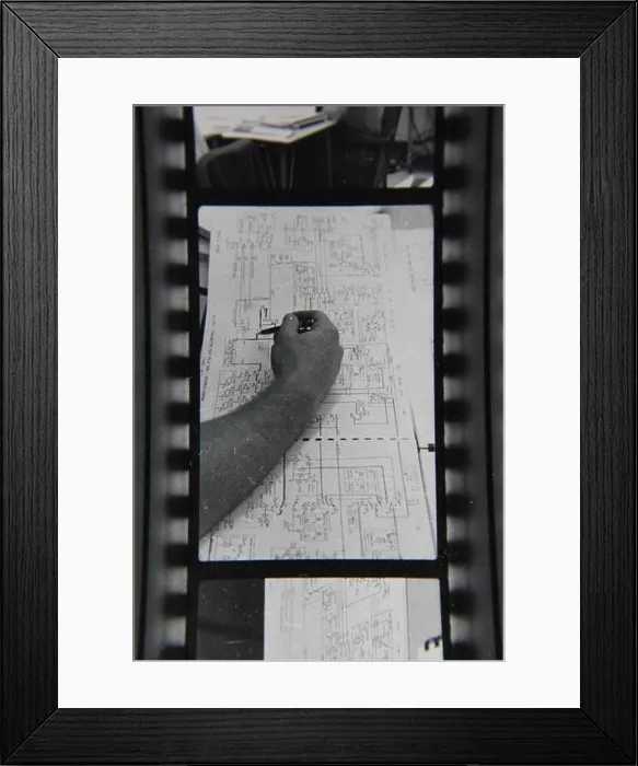 Framed Print : Fine 70s vintage contact print black and white photography of handwriting complicated engineering drawings on paper Framed Print : Fine 70s vintage contact print black and white photography of handwriting complicated engineering drawings on paper
