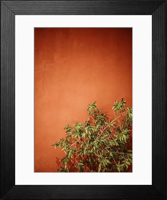 Framed Print : Textured orange wall background with green bush, place for text