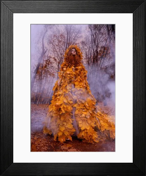 Framed Print : Beautiful redhead girl as a autumn in leaf cloak in forest Framed Print : Beautiful redhead girl as a autumn in leaf cloak in forest