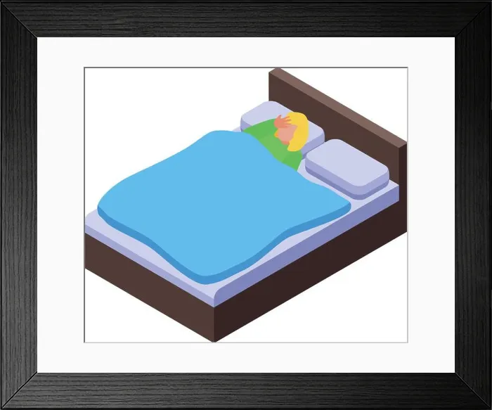 Framed Print : Young woman is sleeping soundly in her bed, covered by a blue blanket Framed Print : Young woman is sleeping soundly in her bed, covered by a blue blanket