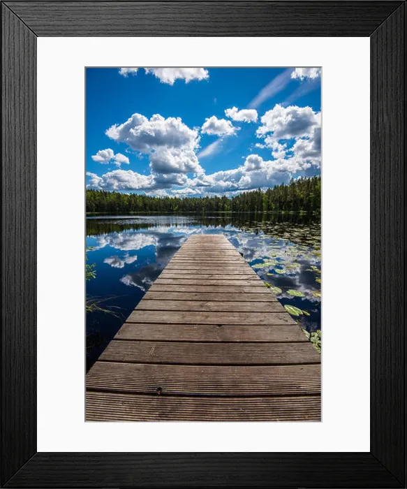 Framed Print : wooden plank foothpath boardwalk trampoline in the lake with blue water in summer Framed Print : wooden plank foothpath boardwalk trampoline in the lake with blue water in summer