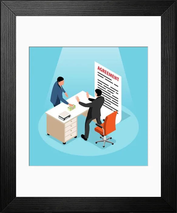 Framed Print : Money laundering isometric background with official male character refusing bribe offered by businessman vector Framed Print : Money laundering isometric background with official male character refusing bribe offered by businessman vector