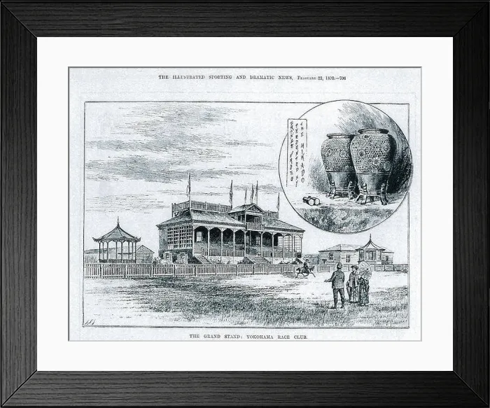 Framed Print : 日本語: 1888年(明治21年)横浜根岸競馬メインスタンドと御下賜賞品(MIKADO VASES)ブロンズ花瓶 Framed Print : 日本語: 1888年(明治21年)横浜根岸競馬メインスタンドと御下賜賞品(MIKADO VASES)ブロンズ花瓶