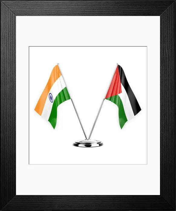 Framed Print : Two table flags isolated on white background 3d illustration, india and palestine Framed Print : Two table flags isolated on white background 3d illustration, india and palestine