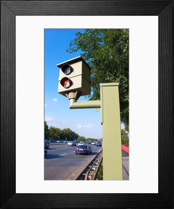 Framed Print : radar control, speed camera at a traffic road, measuring of the permissible speed limit Framed Print : radar control, speed camera at a traffic road, measuring of the permissible speed limit