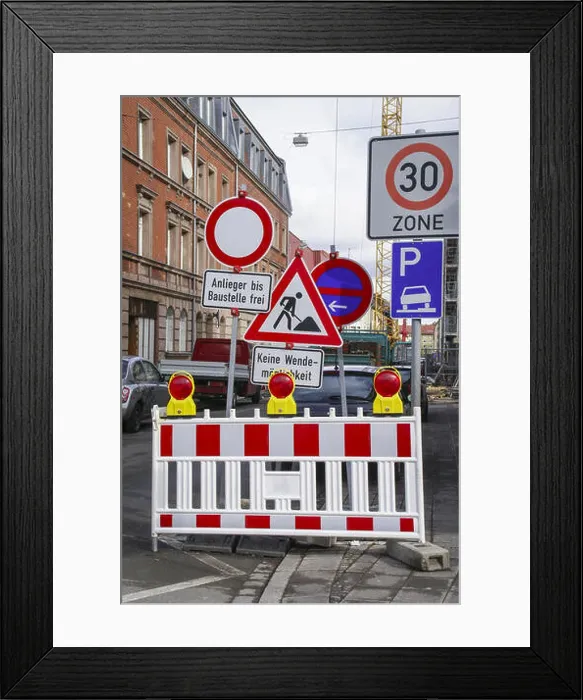 Framed Print : construction site signs in Nuremberg, Germany Framed Print : construction site signs in Nuremberg, Germany
