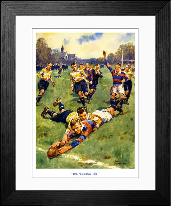 Framed Print : The Winning Try 1930s boys magazine illustration of the final score in a school rugby game Framed Print : The Winning Try 1930s boys magazine illustration of the final score in a school rugby game