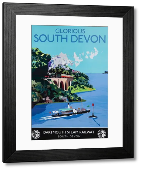 Framed Print : Vintage travel poster featuring the Dartmouth Steam Railway in South Devon with a ship in the foreground Framed Print : Vintage travel poster featuring the Dartmouth Steam Railway in South Devon with a ship in the foreground