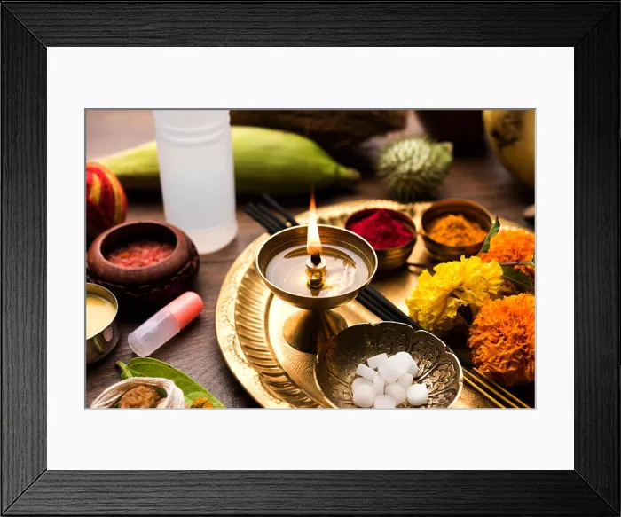 Framed Print : Pooja Material / Puja Sahitya in Hindu Religion from India, arranged in a group. selective focus Framed Print : Pooja Material / Puja Sahitya in Hindu Religion from India, arranged in a group. selective focus