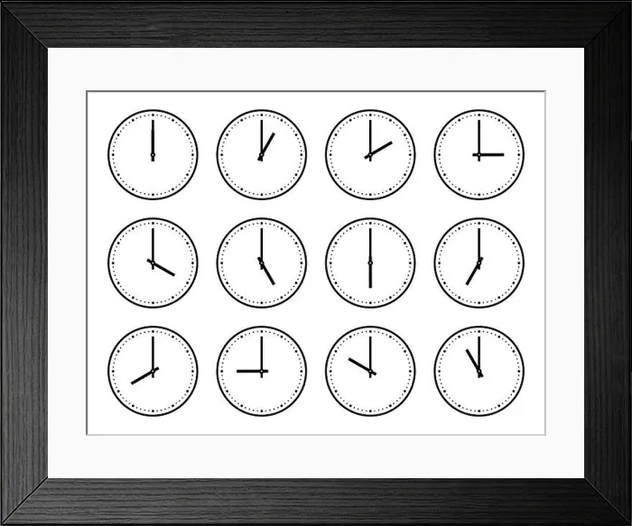 Framed Print : On the hour clocks set. Round analog minimal clock with tick marks Framed Print : On the hour clocks set. Round analog minimal clock with tick marks
