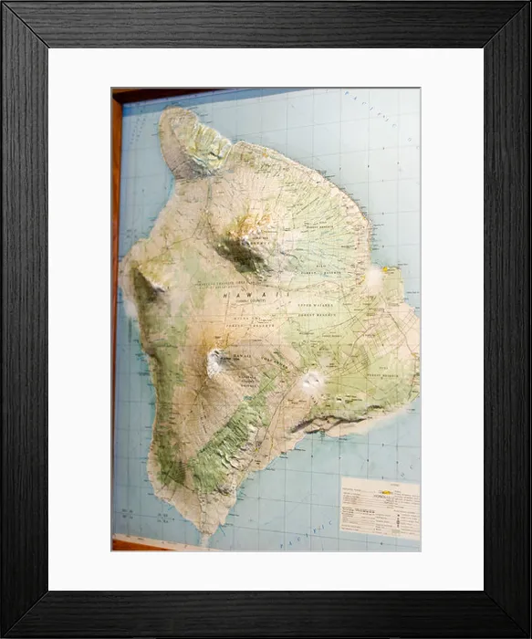 Framed Print : Relief map of the Big Island, Volcano House Hotel, Hawai'i Volcanoes National Park Framed Print : Relief map of the Big Island, Volcano House Hotel, Hawai'i Volcanoes National Park
