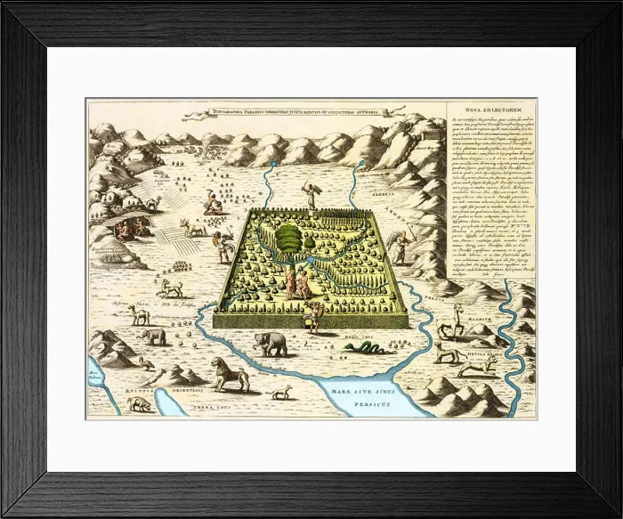 Framed Print : A depiction of the Garden of Eden and 'topography of the earthly paradise' by Athanasius Kircher (1602-1680) Framed Print : A depiction of the Garden of Eden and 'topography of the earthly paradise' by Athanasius Kircher (1602-1680)