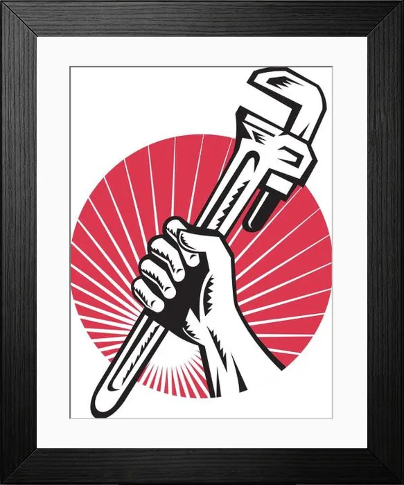 Framed Print : illustration of a Plumber hand holding monkey wrench side view set inside circle with sunburst done in retro style Framed Print : illustration of a Plumber hand holding monkey wrench side view set inside circle with sunburst done in retro style