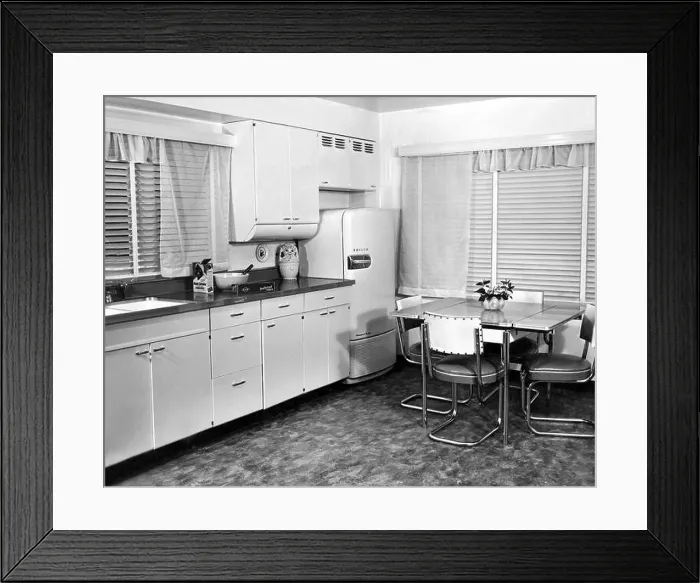 Framed Print : Corte Madera, California c. 1940's. A model kitchen display at Kitchens Beautiful in Marin County Framed Print : Corte Madera, California c. 1940's. A model kitchen display at Kitchens Beautiful in Marin County