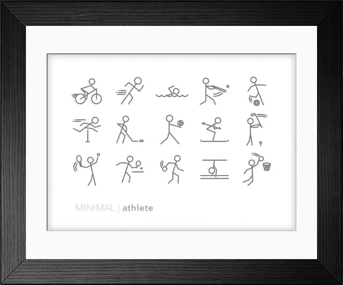 Framed Print : Set of 15 athlete line icons showing stick figures playing various sports with sporting equipment Framed Print : Set of 15 athlete line icons showing stick figures playing various sports with sporting equipment