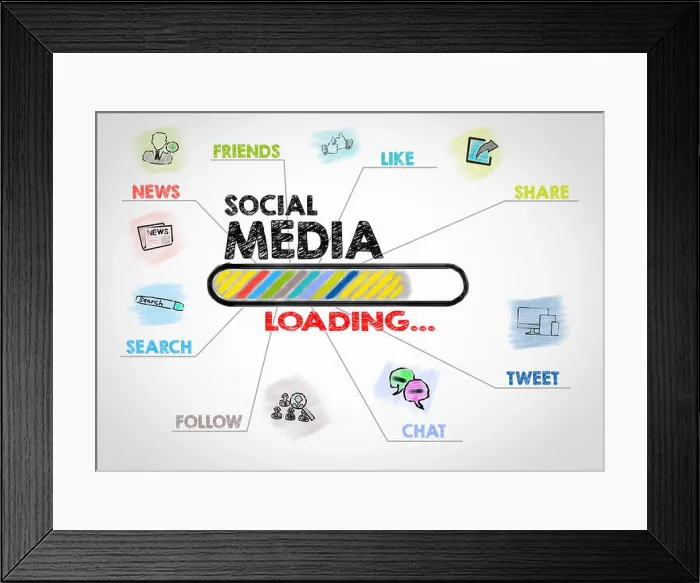 Framed Print : social media Concept. Chart with keywords and icons on gray background Framed Print : social media Concept. Chart with keywords and icons on gray background