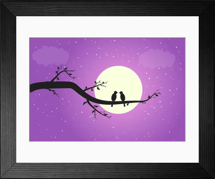 Framed Print : Two birds in love on a branch in the moonlight shadow Framed Print : Two birds in love on a branch in the moonlight shadow