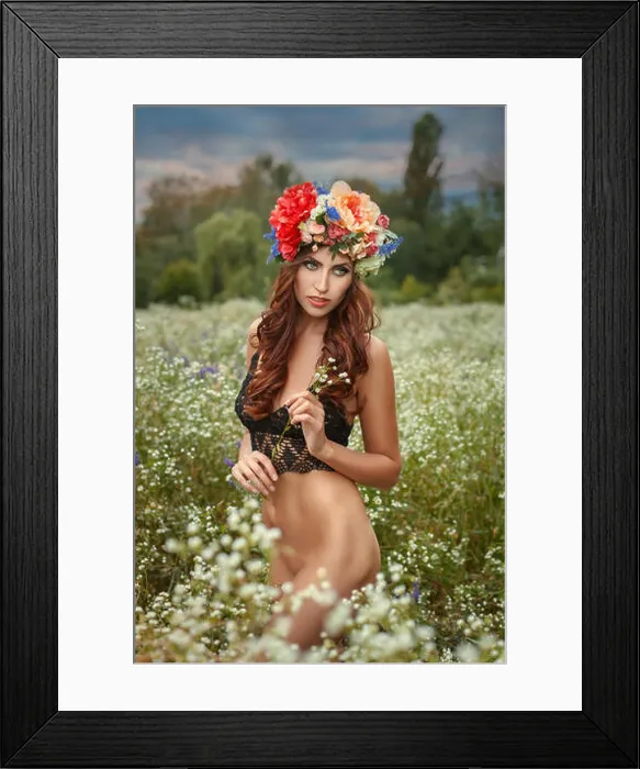 Framed Print : Half-naked girl standing in a field and looks away. On her head a wreath of flowers Framed Print : Half-naked girl standing in a field and looks away. On her head a wreath of flowers