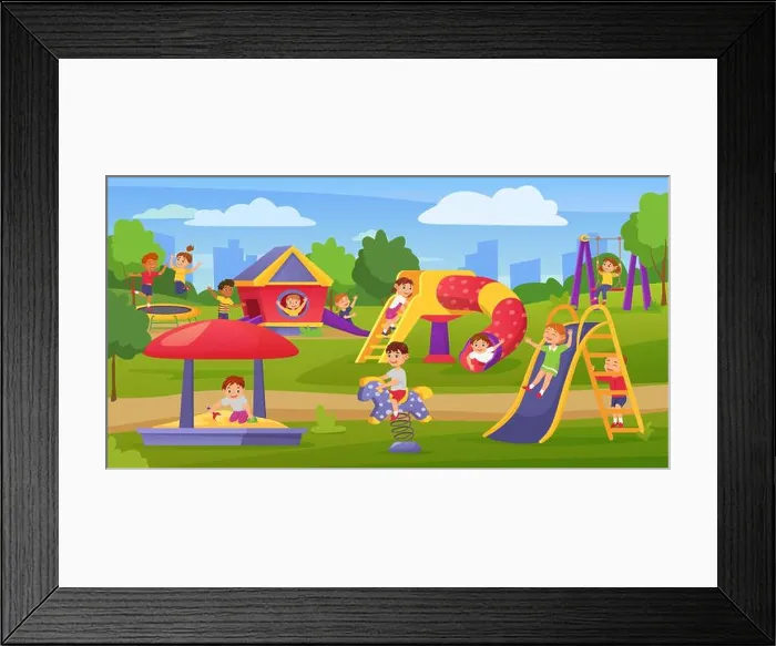 Framed Print : Cartoon kids playing on playground in summer park or kindergarten Framed Print : Cartoon kids playing on playground in summer park or kindergarten