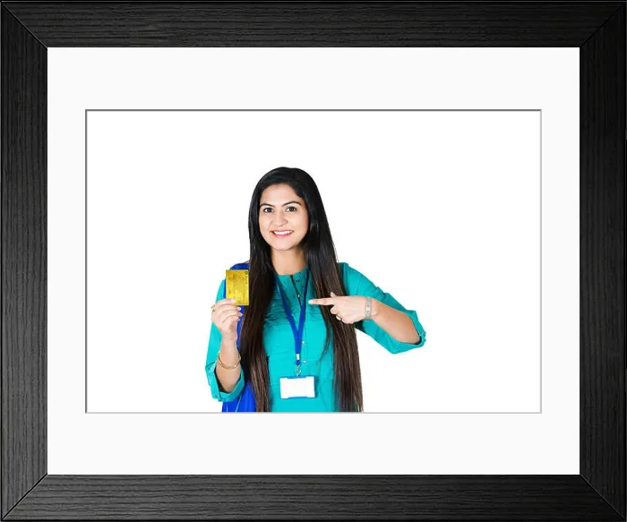 Framed Print : One Business woman Executive Holding Debit card Pointing Finger Showing