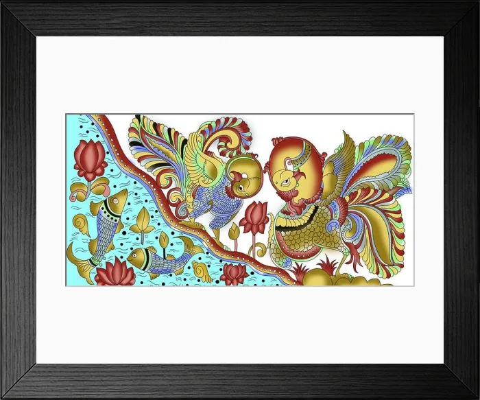 Framed Print : A beautiful kalmkari peacock design art work