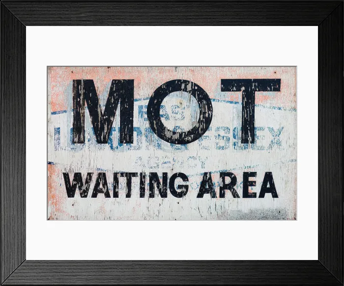 Framed Print : Old painted MOT Sign, painted on top of a previous sign. As seen on Wheeler Dealers. UK Framed Print : Old painted MOT Sign, painted on top of a previous sign. As seen on Wheeler Dealers. UK