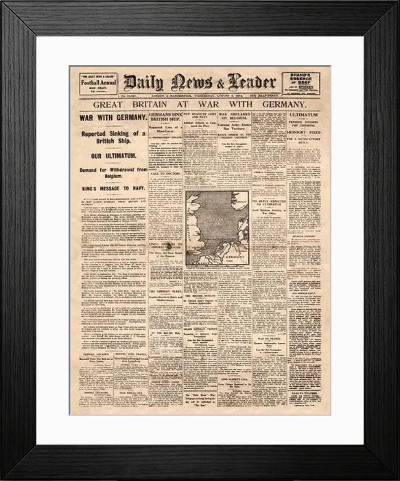 Framed Print : 1914 Daily News & Leader front page reporting War declared on Germany by Britain and France Framed Print : 1914 Daily News & Leader front page reporting War declared on Germany by Britain and France