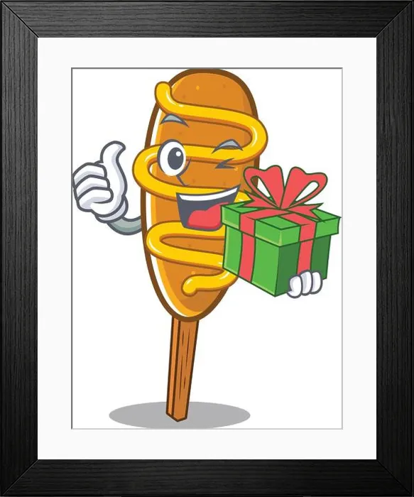 Framed Print : Happy corn dog character having a gift box Framed Print : Happy corn dog character having a gift box