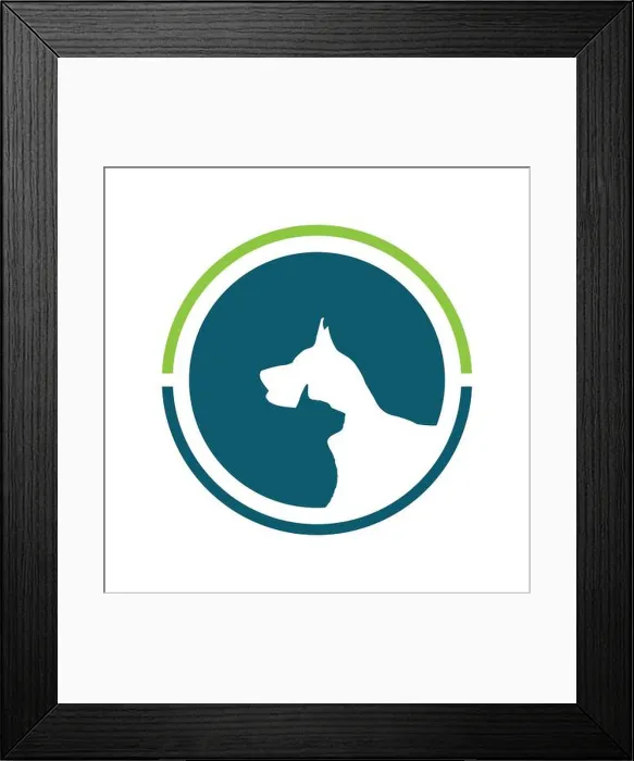 Framed Print : Abstract cat and dog pet or veterinary logo in negative space style design Framed Print : Abstract cat and dog pet or veterinary logo in negative space style design
