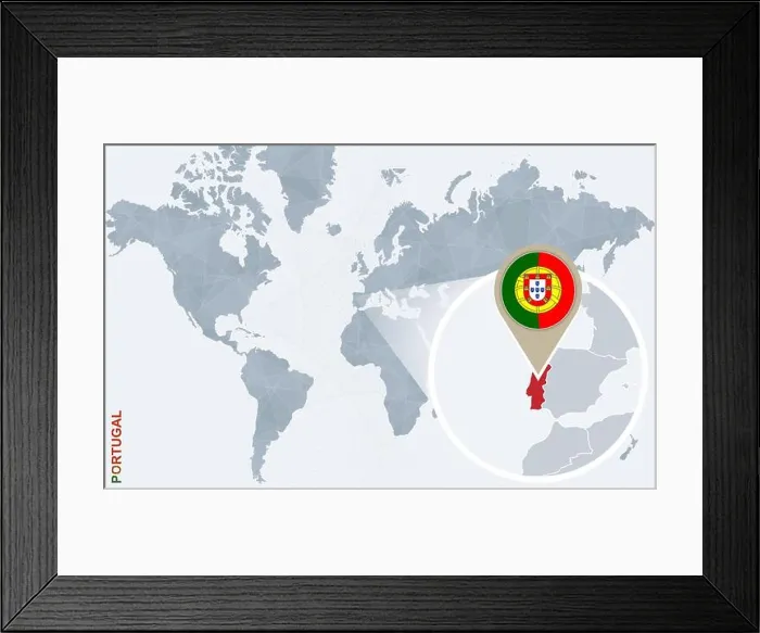 Framed Print : Abstract blue world map with magnified Portugal. Portugal flag and map. Vector Illustration Framed Print : Abstract blue world map with magnified Portugal. Portugal flag and map. Vector Illustration