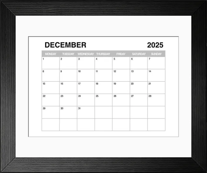 Framed Print : December 2025 Monthly Calendar Planner Template on a white background. 3d Rendering Framed Print : December 2025 Monthly Calendar Planner Template on a white background. 3d Rendering