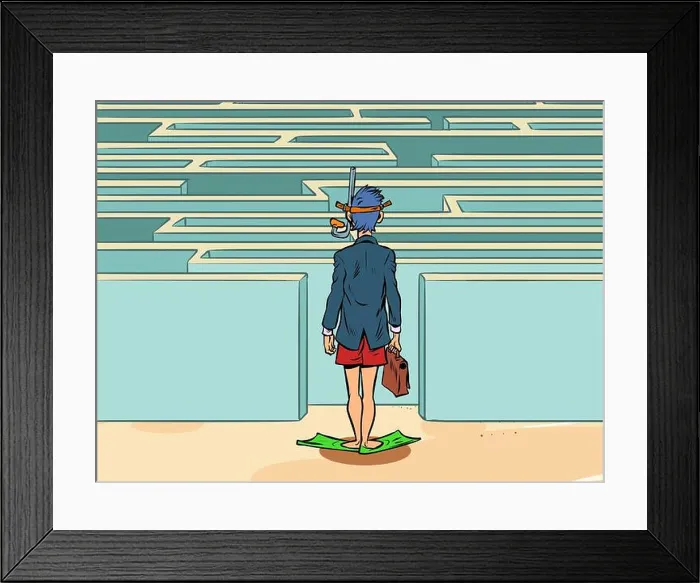Framed Print : a businessman man in a scuba diving mask stands in front of a maze, a difficult decision, risks and problems Framed Print : a businessman man in a scuba diving mask stands in front of a maze, a difficult decision, risks and problems